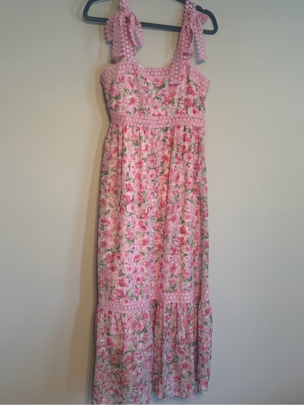 Pink Floral Maxi Dress with Crochet Straps
